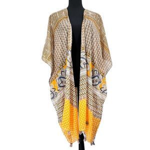 Raj Yellow White Gold Blue Mosaic Print Cotton Kimono Cardigan Cover Up One Size